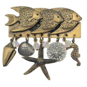 Susan L Richardson 1995 Fish Bar Sea Creatures Shell Dangle Brooch Pin, Signed